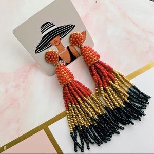 Ombre Red, Gold /Black Beaded Tassel Earrings (A8)